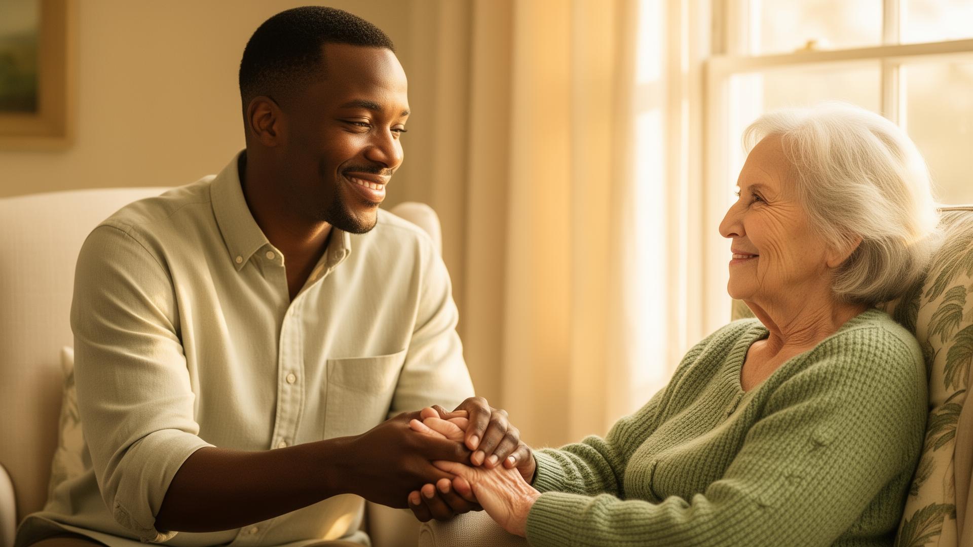 Une intervenante AMT tient affectueusement les mains d'une personne âgée souriante, illustrant l'accompagnement bienveillant de l'association